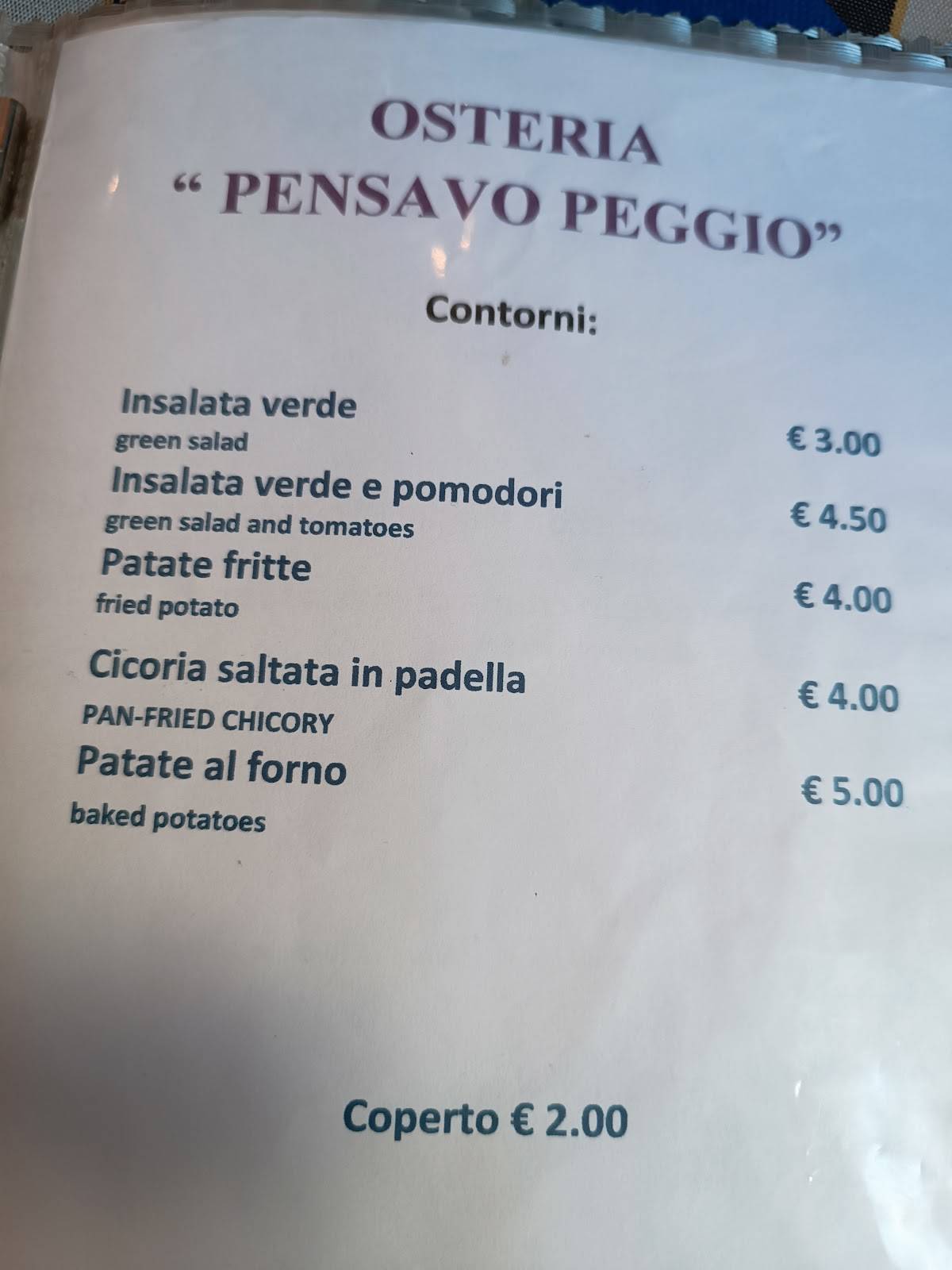 Menu di Osteria "Pensavo Peggio" 