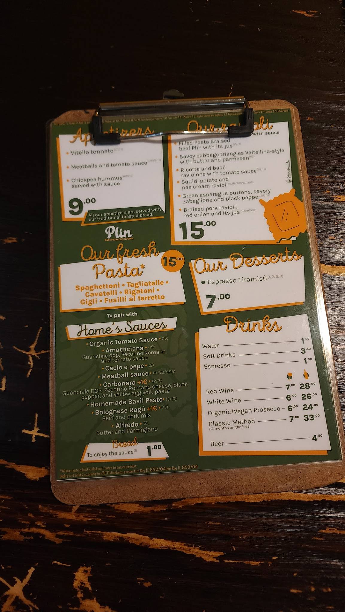 Menu di PLIN Pastificio con Cucina 