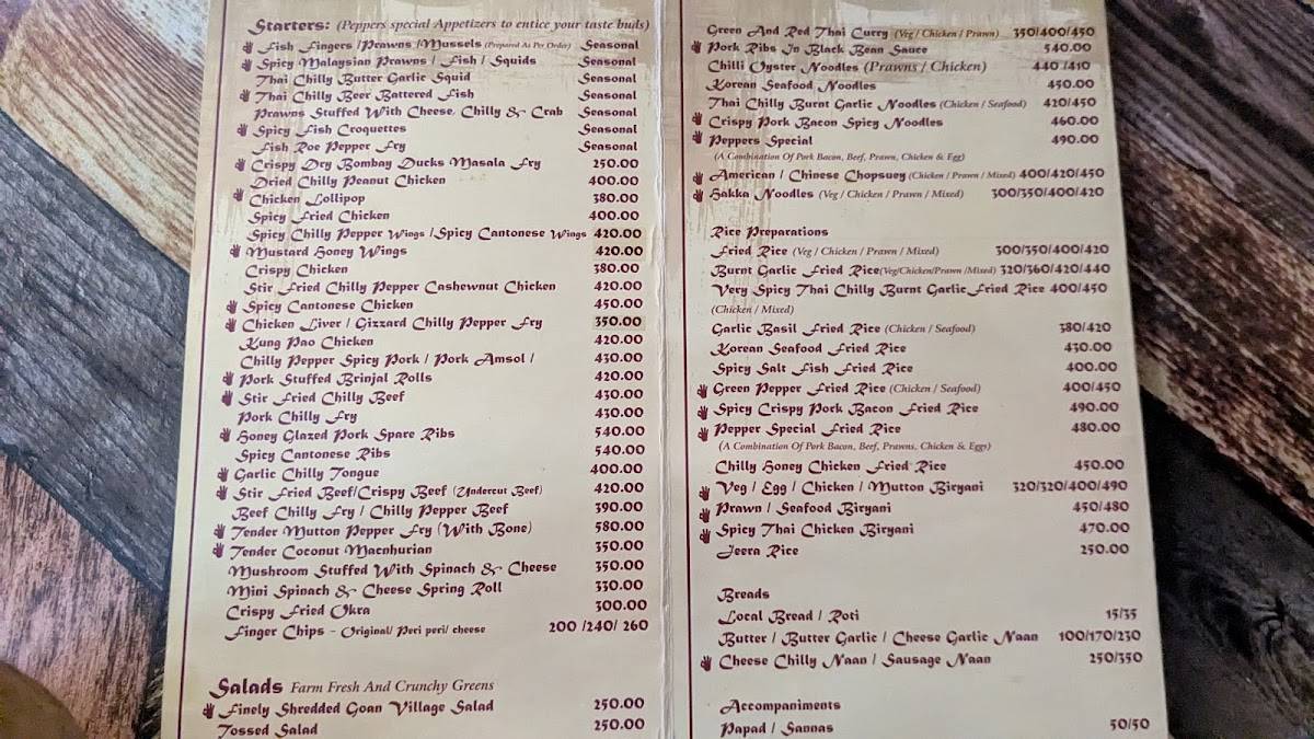 Pepper's Gourmet Cuisine menu