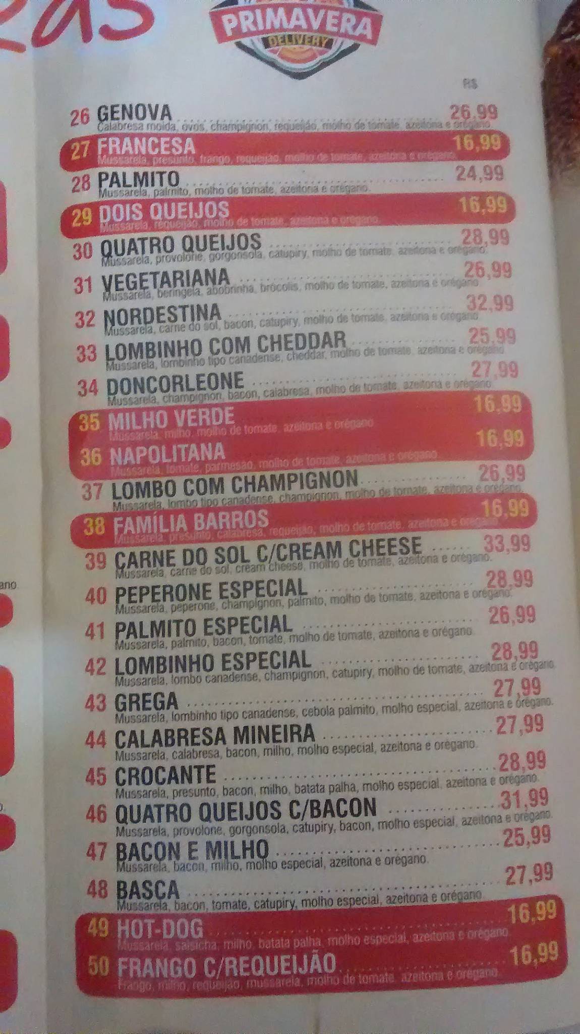 Pizzaria Primavera cardápio