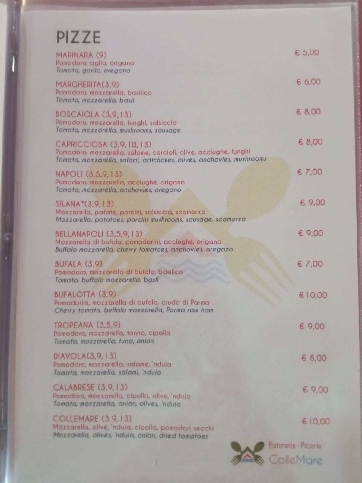Menu di Ristorante pizzeria collemare 