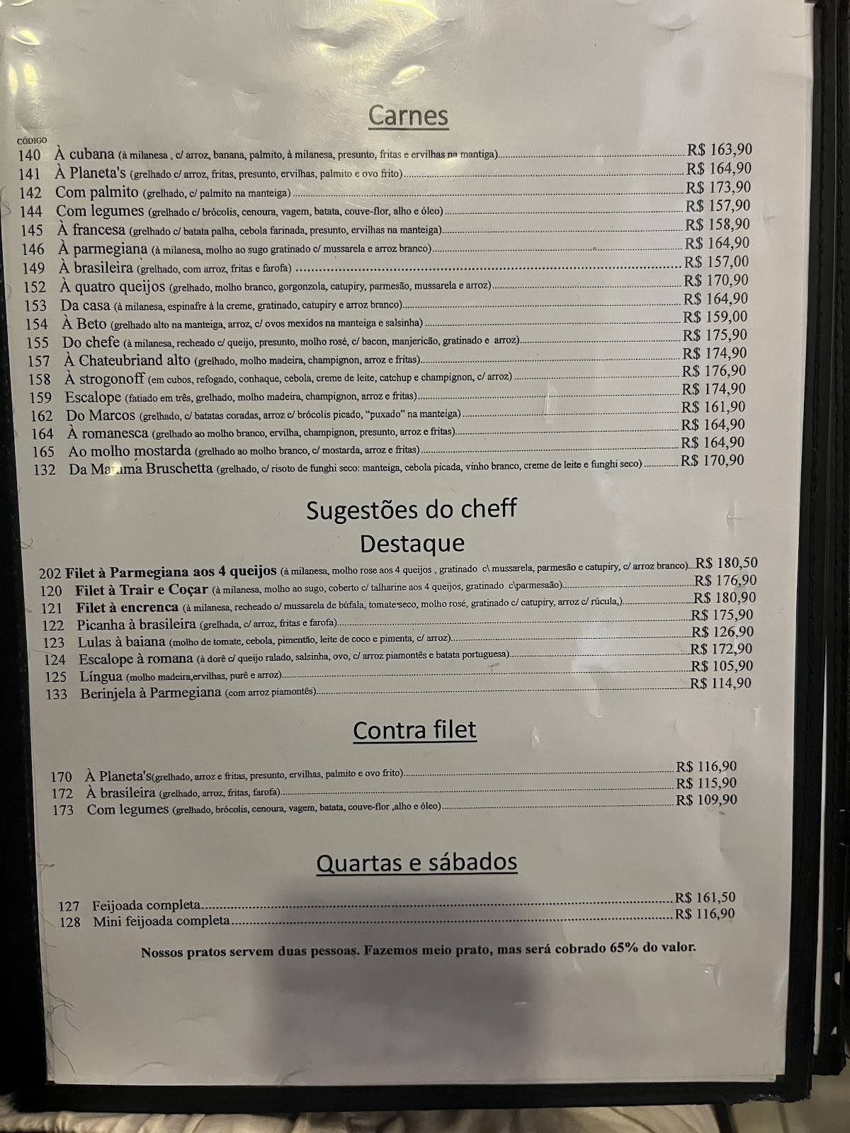 Planeta's Restaurante cardápio