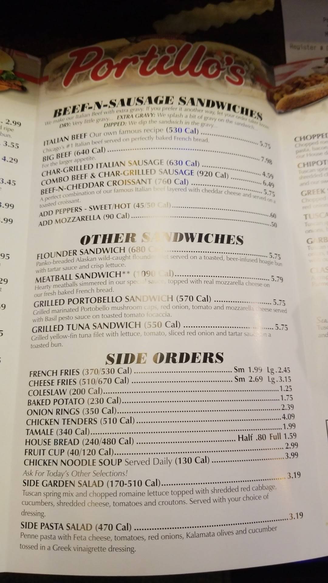 Menu at Portillo's Mishawaka restaurant, Mishawaka