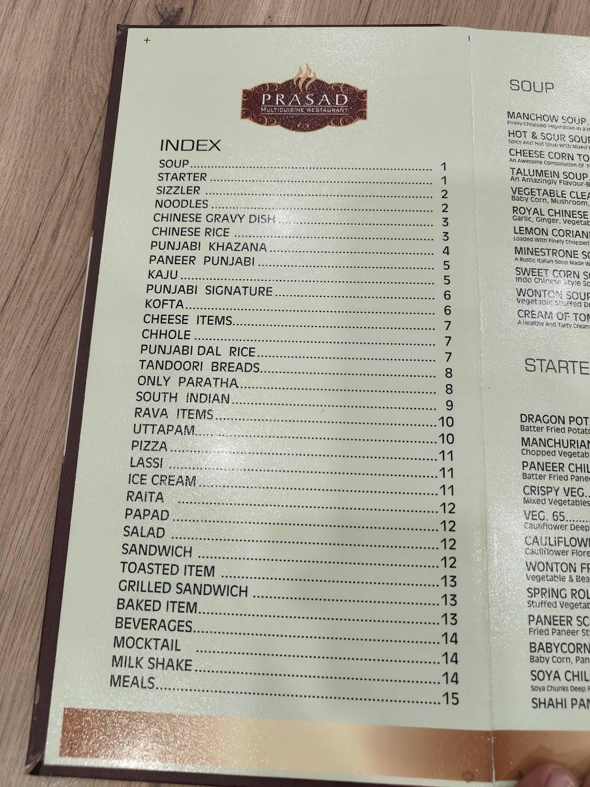 Prasad Restaurant menu