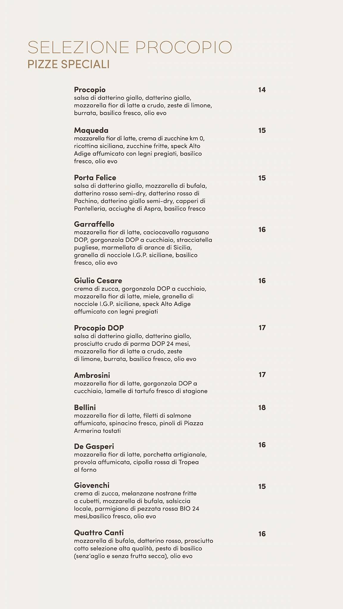 Menu di Procopio Pizzeria Palermo 