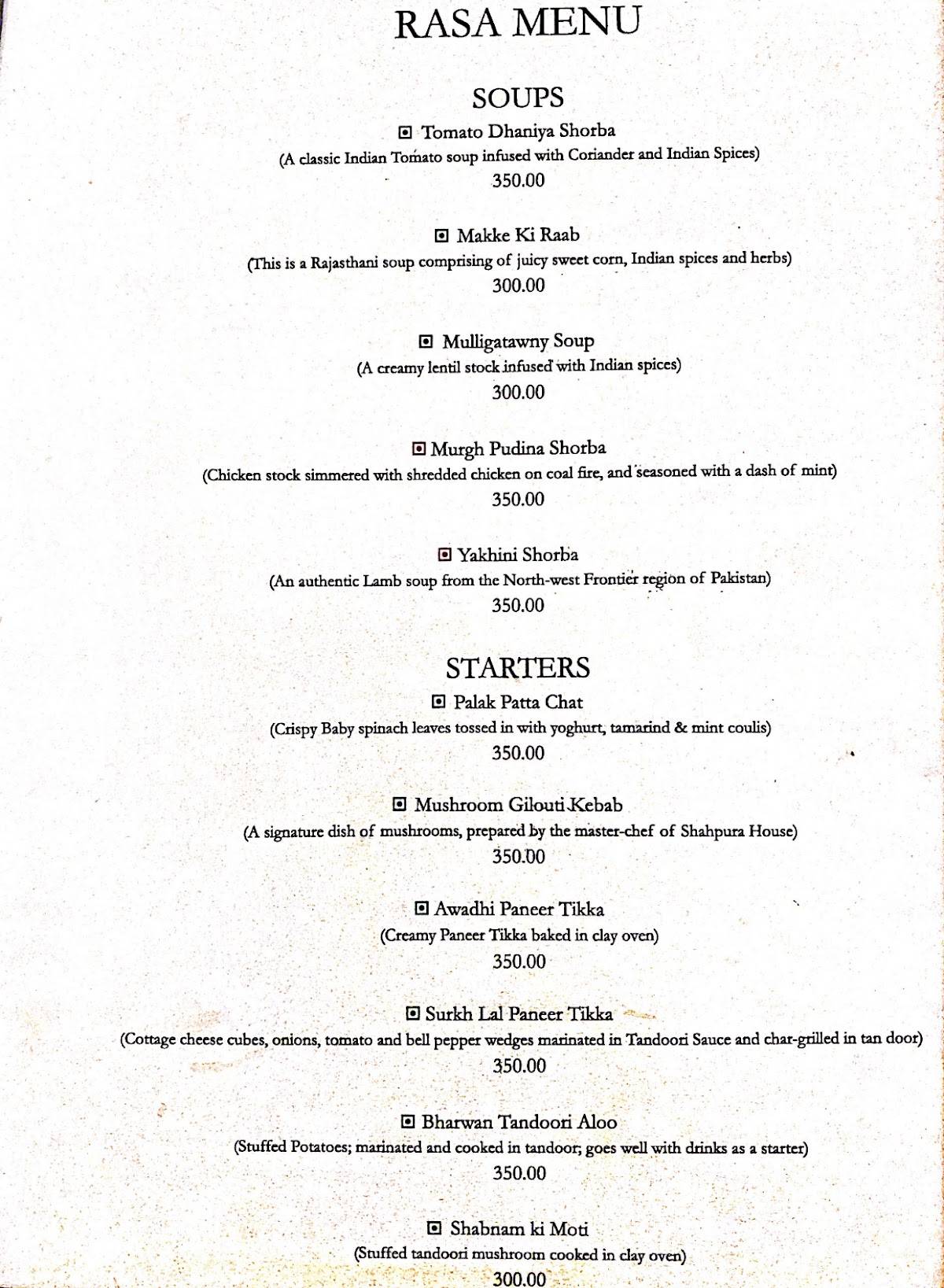 Rasa Restaurant menu
