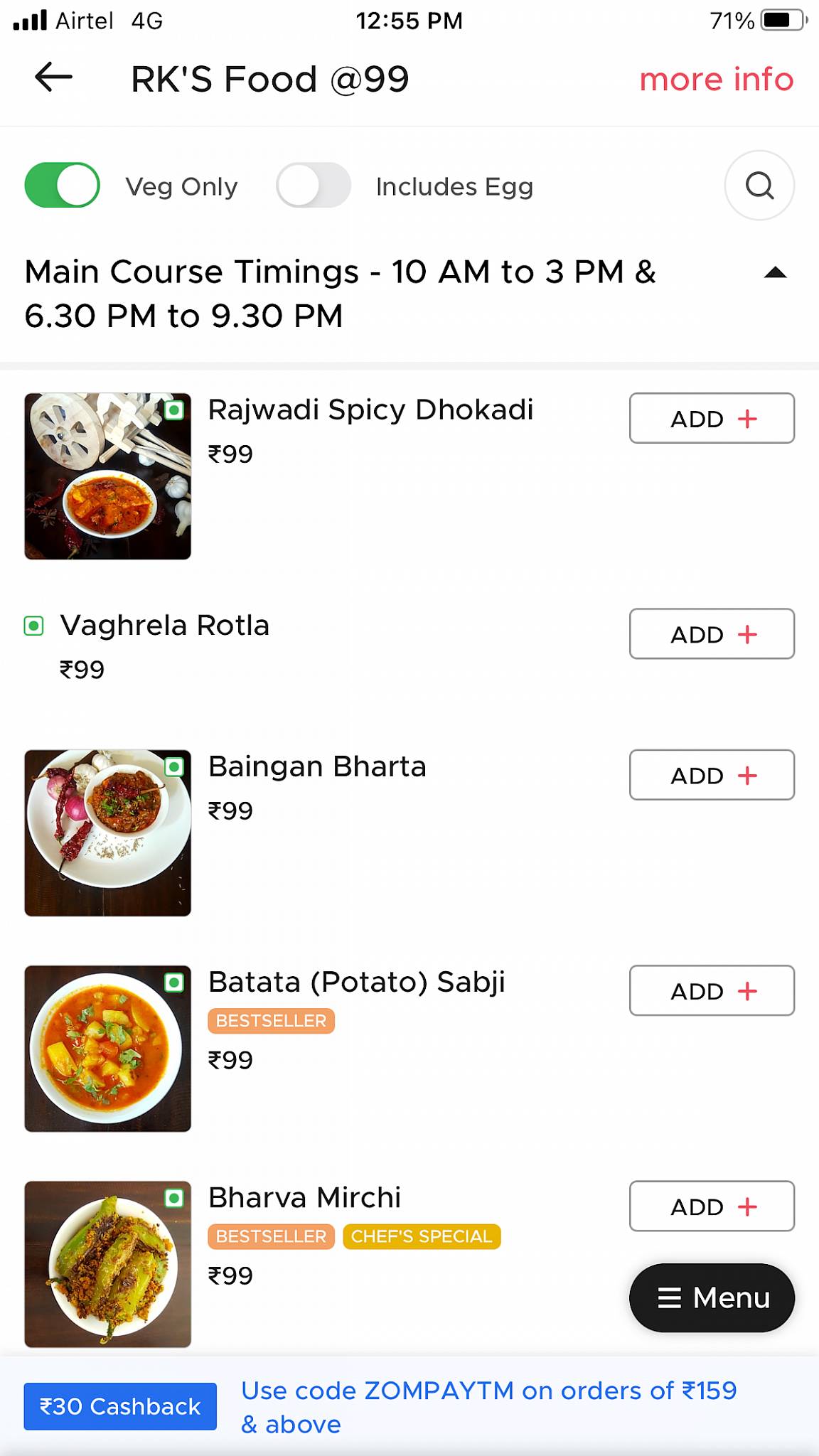 RK’s Food @ 99 menu