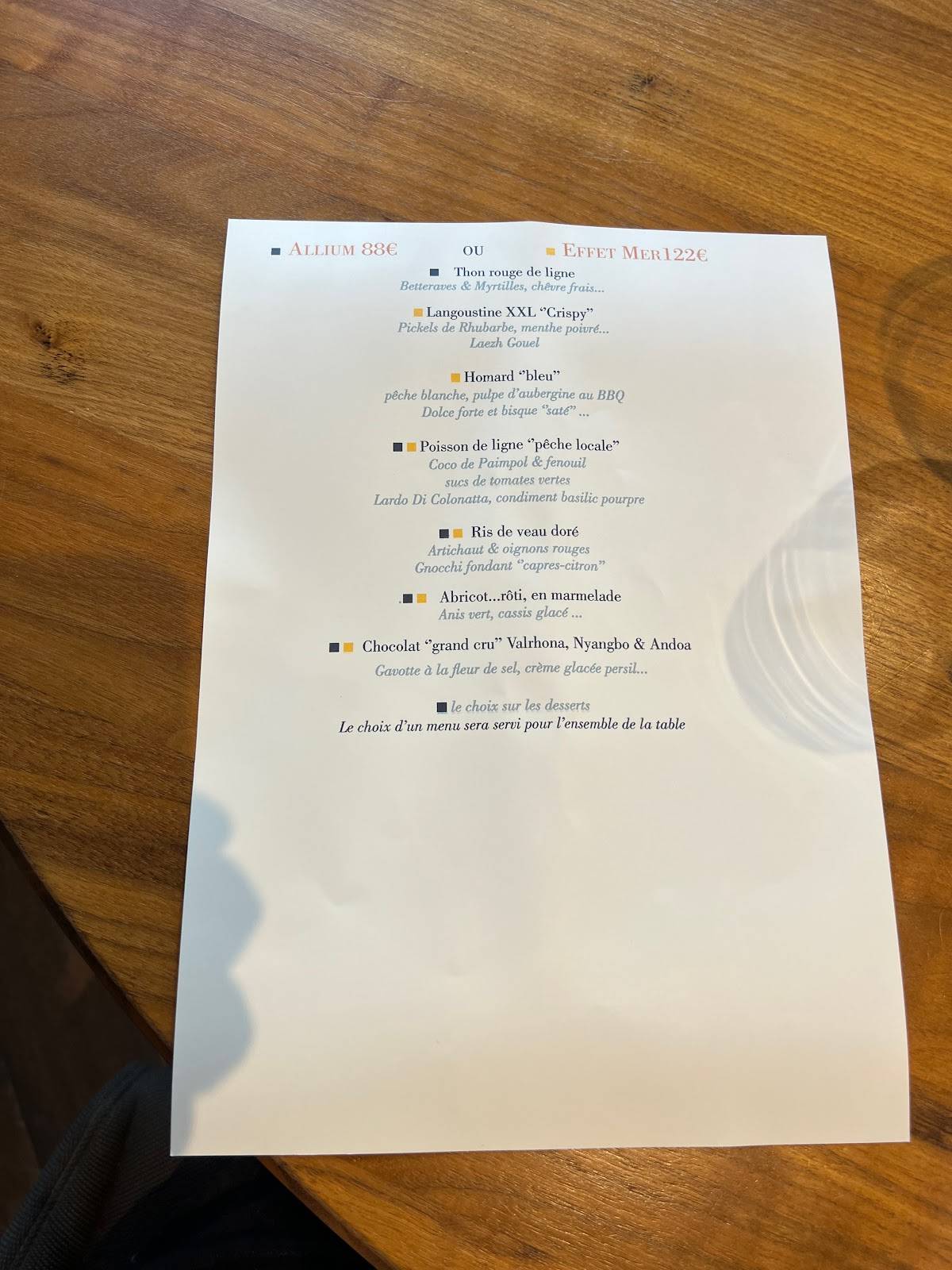 Menu de Restaurant Allium, Quimper