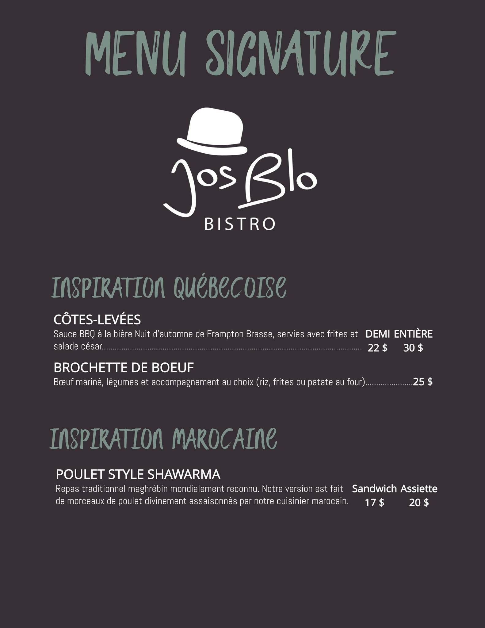 Menu au Restaurant Bistro Jos Blo, LacEtchemin