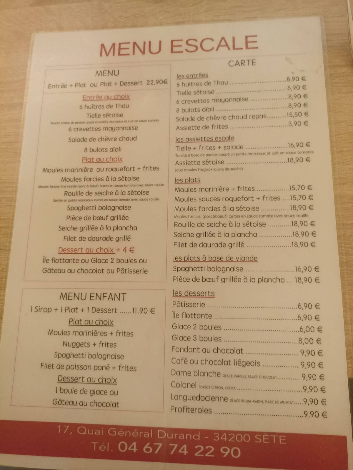 Menu de Restaurant L'Escale