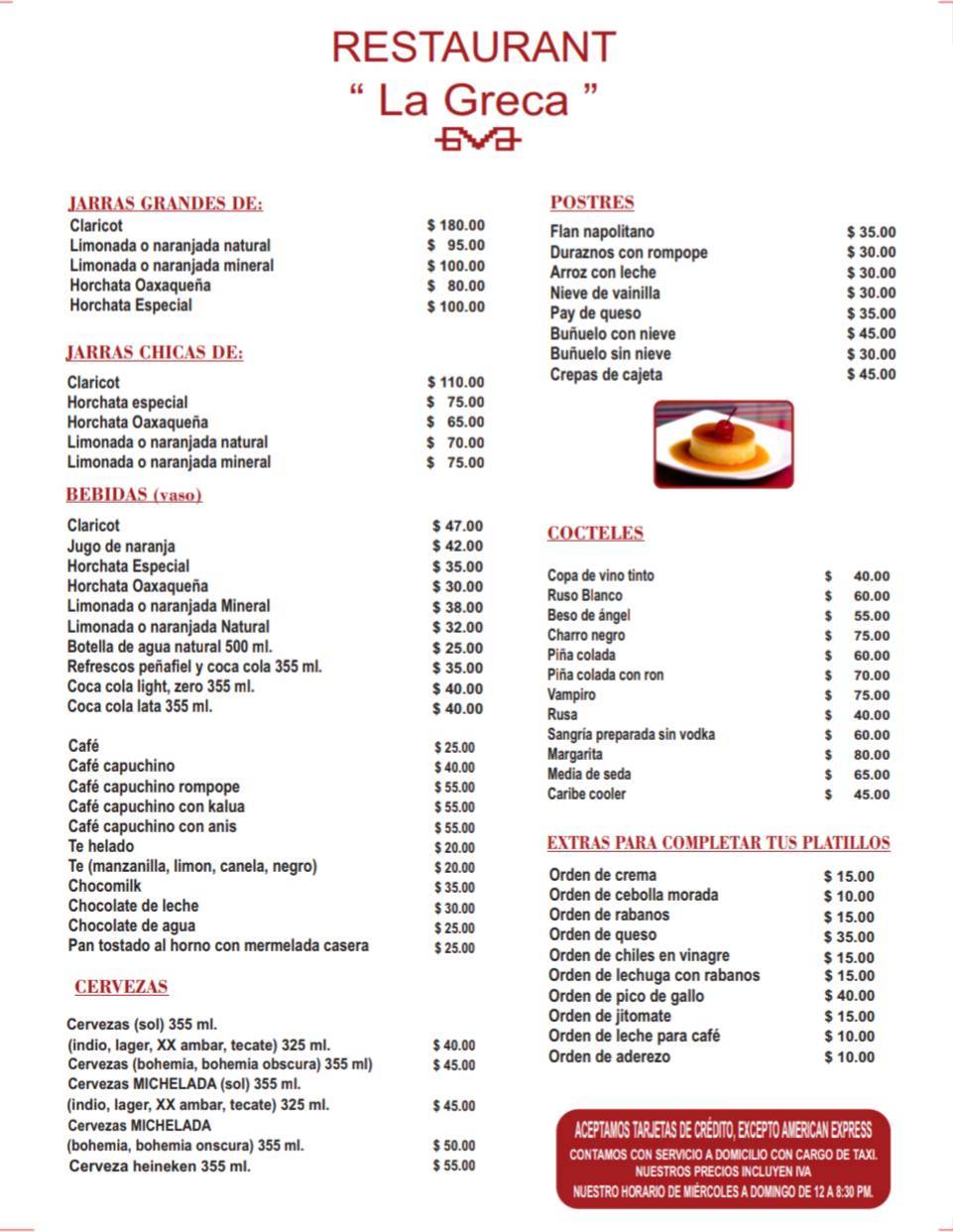Carta de Restaurante La Greca, Tehuacán