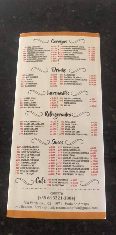 Restaurante Mata Nativa cardápio