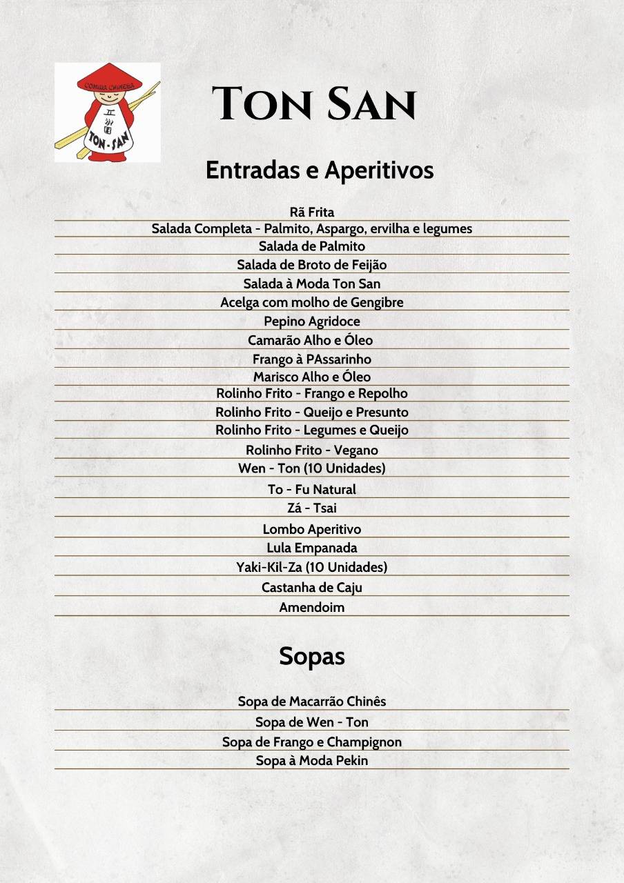 Restaurante Ton-San cardápio