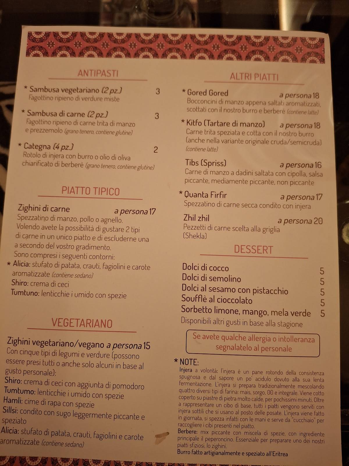 Menu di Ristorante Africa 