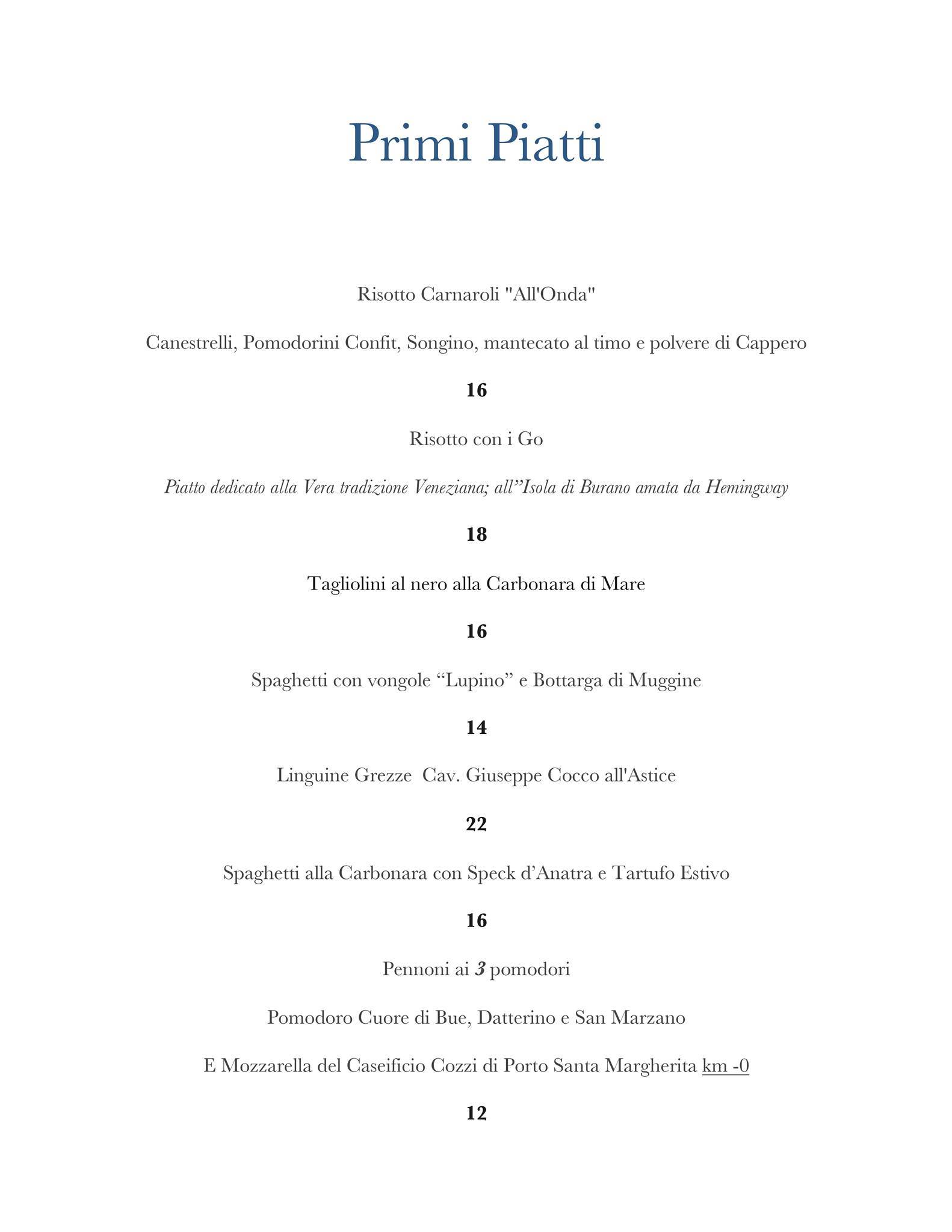 Menu de Ristorante Hemingway
