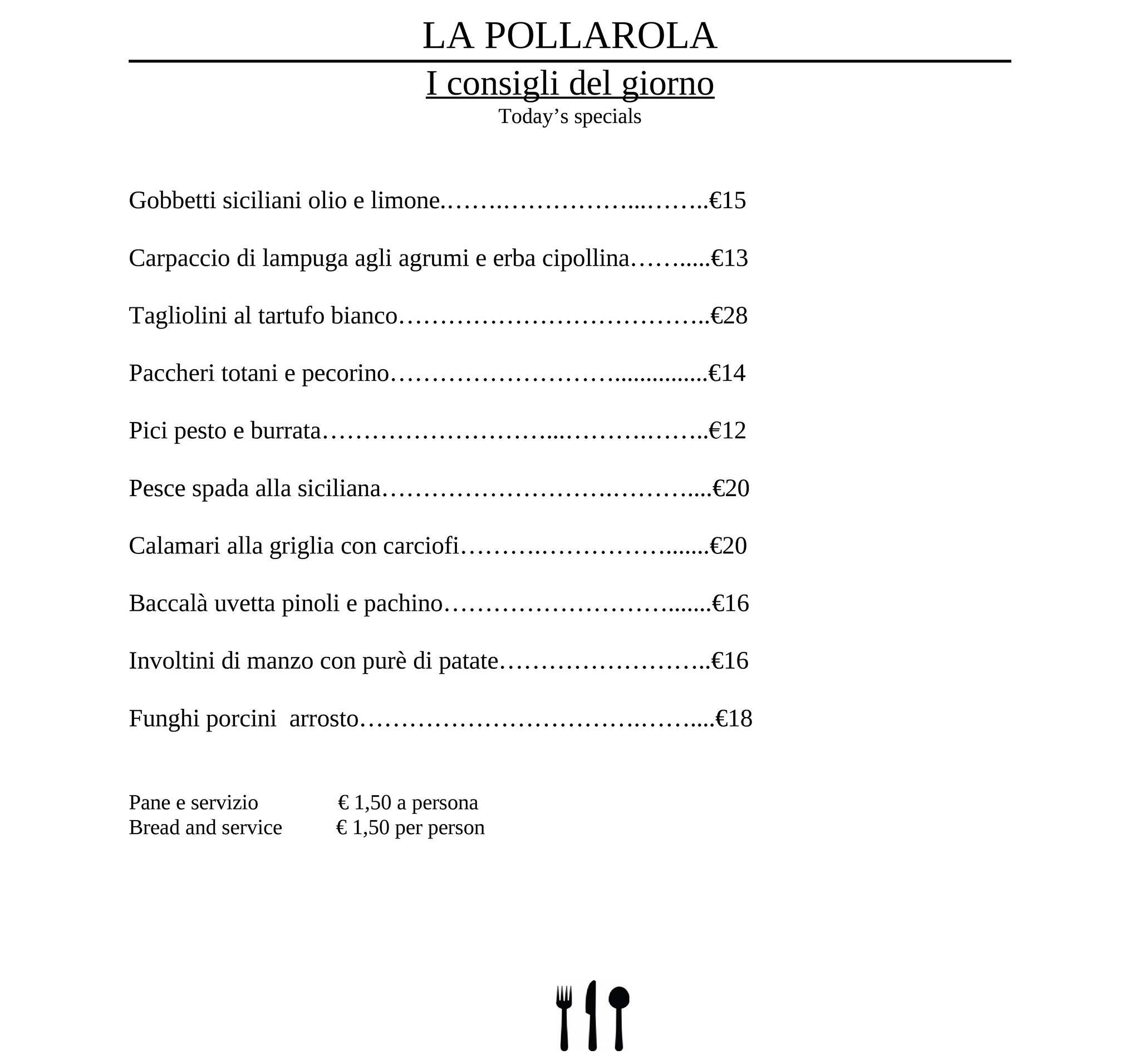 Menu di La pollarola 