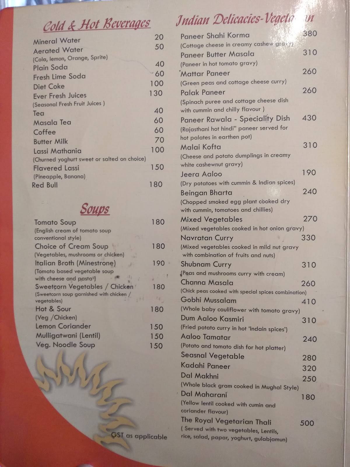 Royal Retreat menu