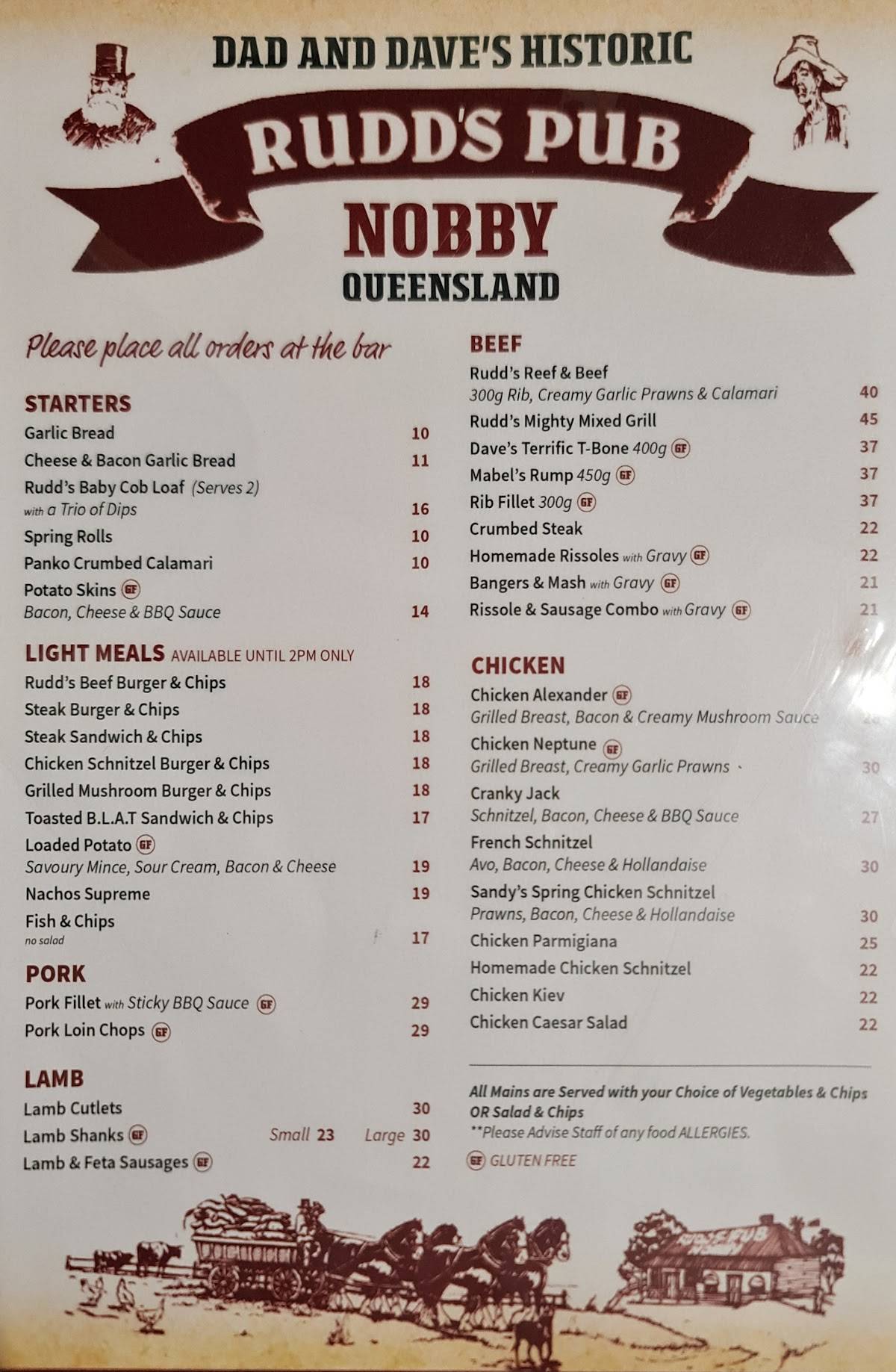 Menu at Rudd's Pub, Nobby