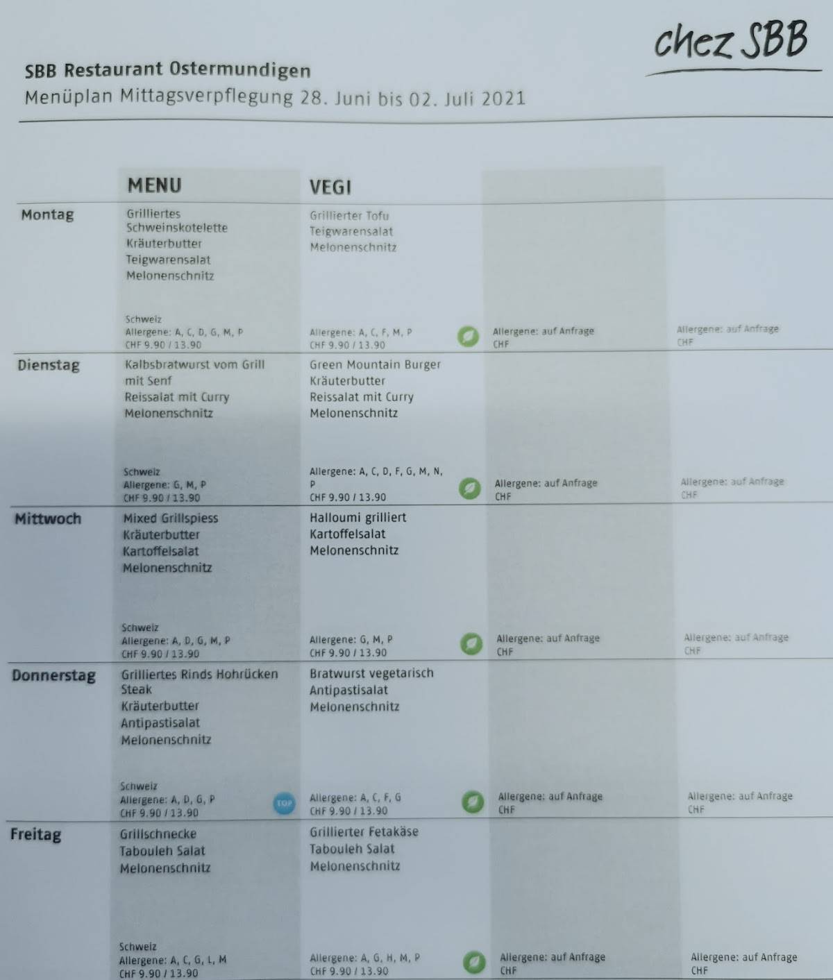 Menu di SBB Restaurant Ostermundigen 