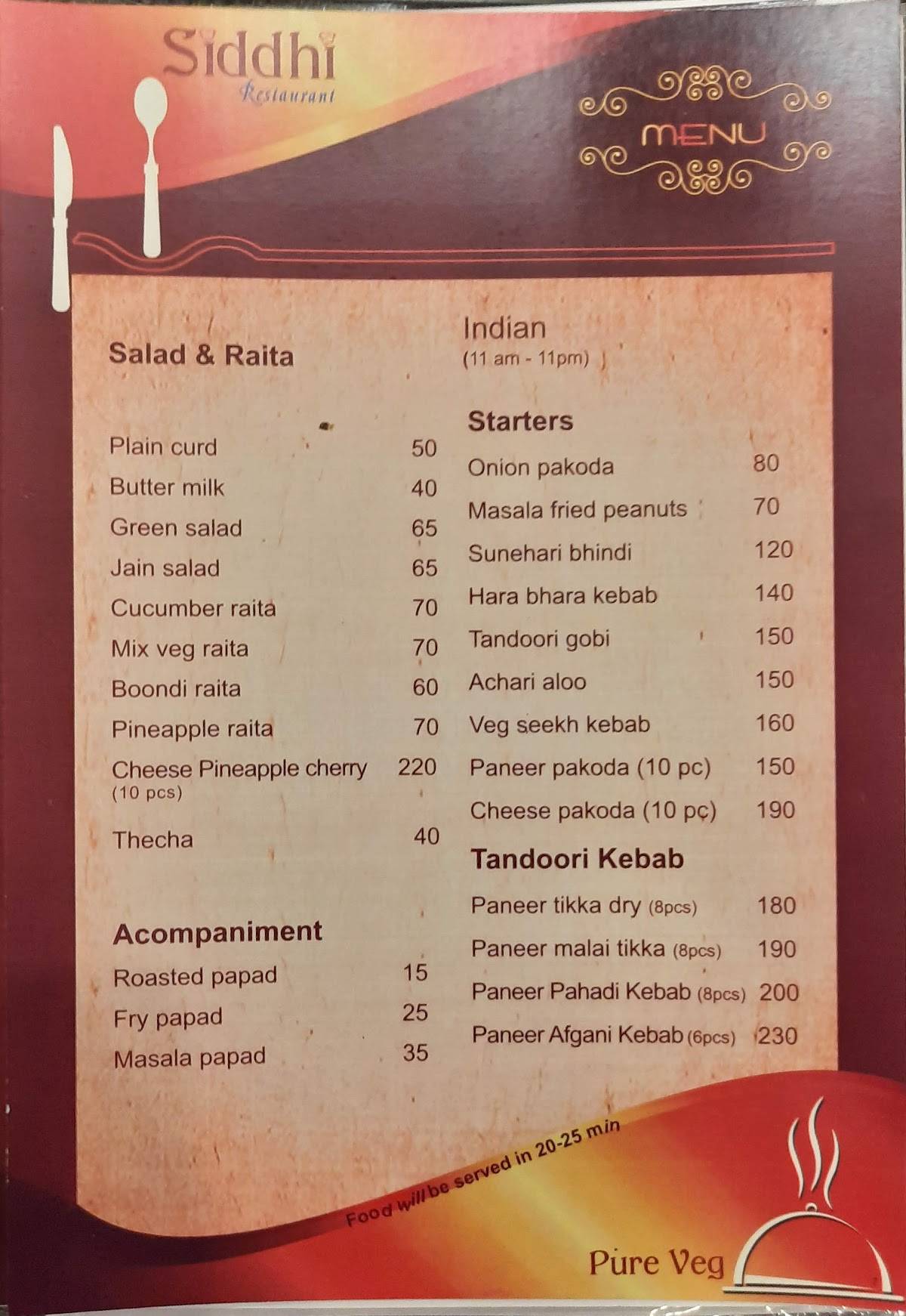 Siddhi Restaurant menu