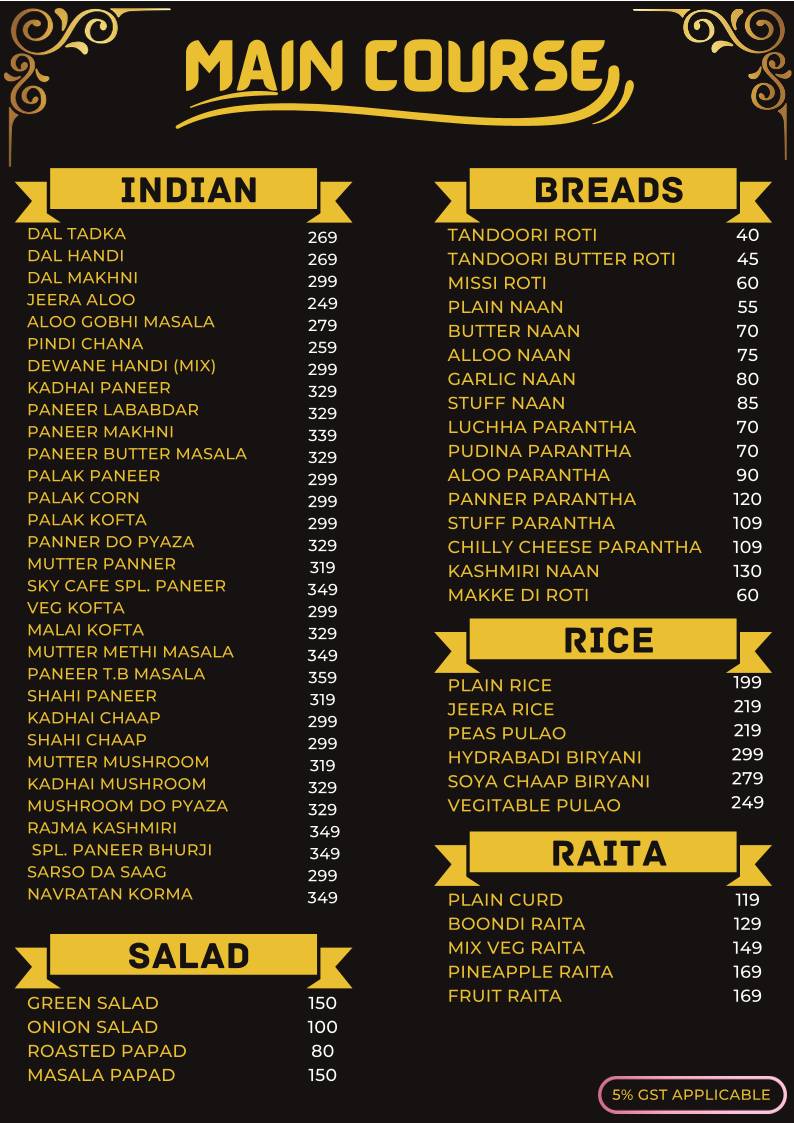 Sky Cafe menu