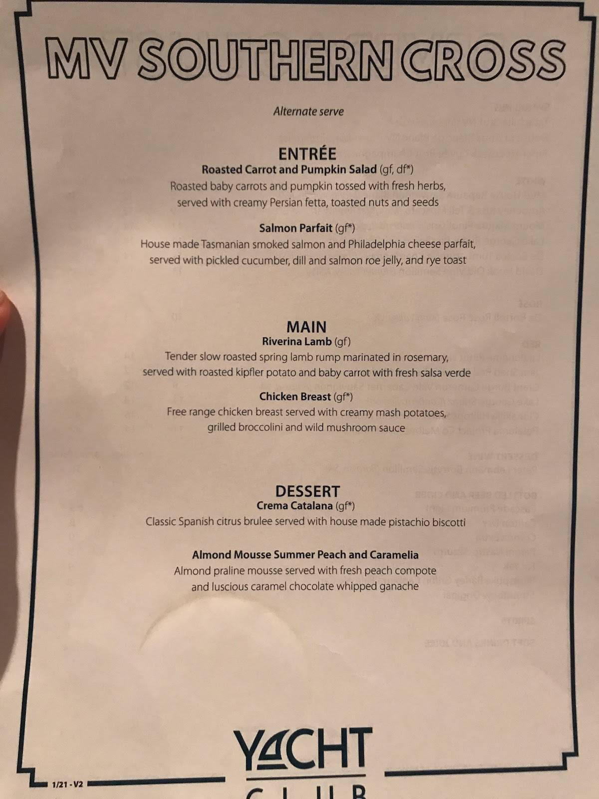 Southern Cross Yacht Club menu