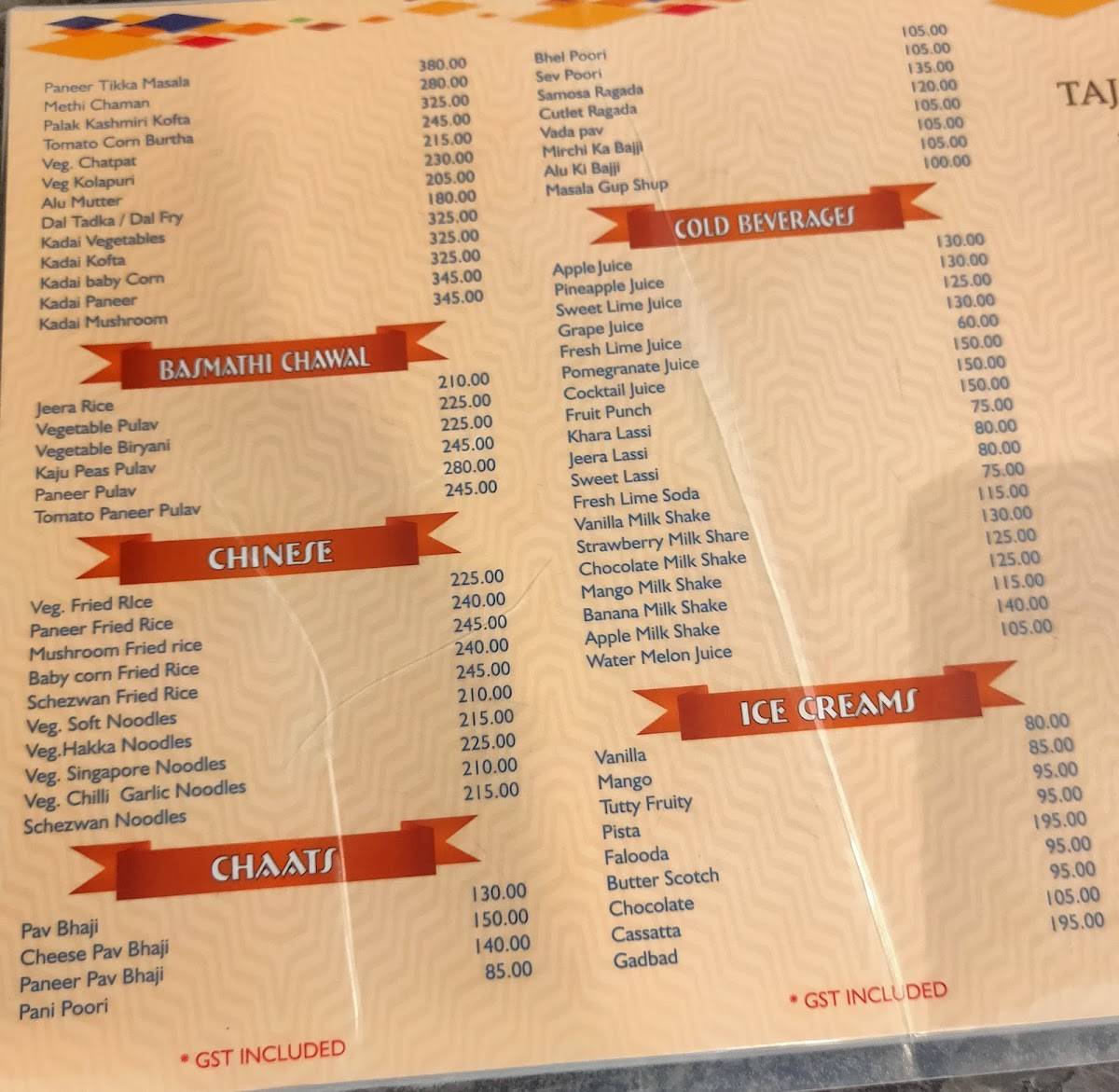 Taj Mahal Hotel menu