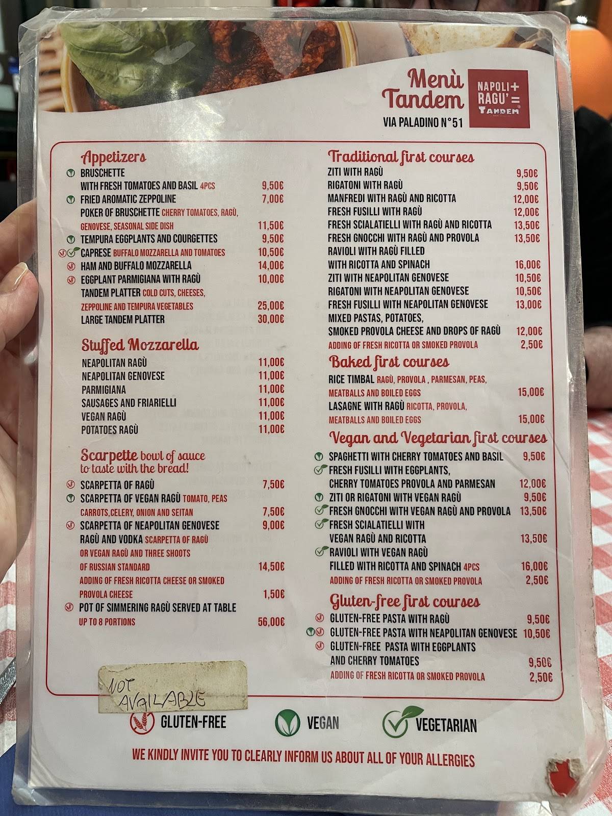 Menu de Tandem Ragù - Via Paladino