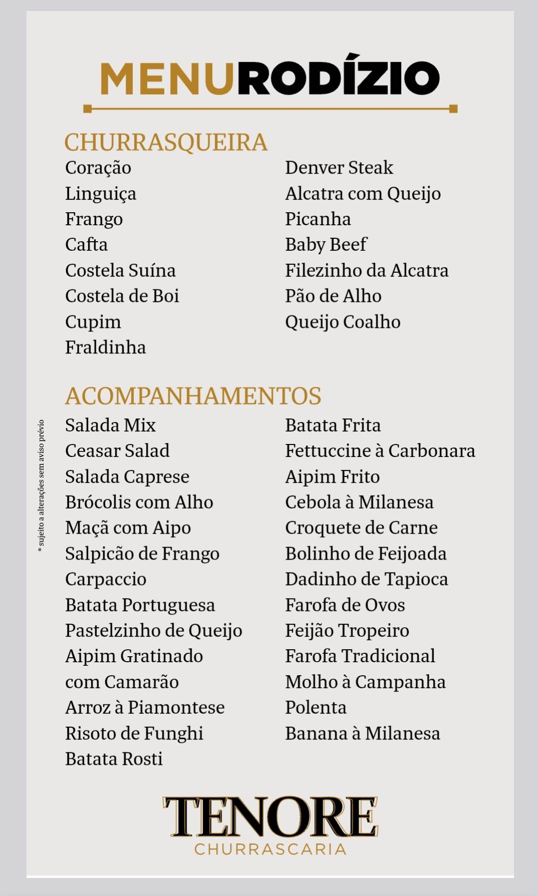 Tenore Churrascaria cardápio