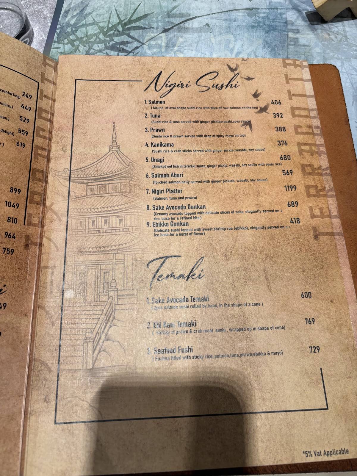 Terracotta Restaurant menu