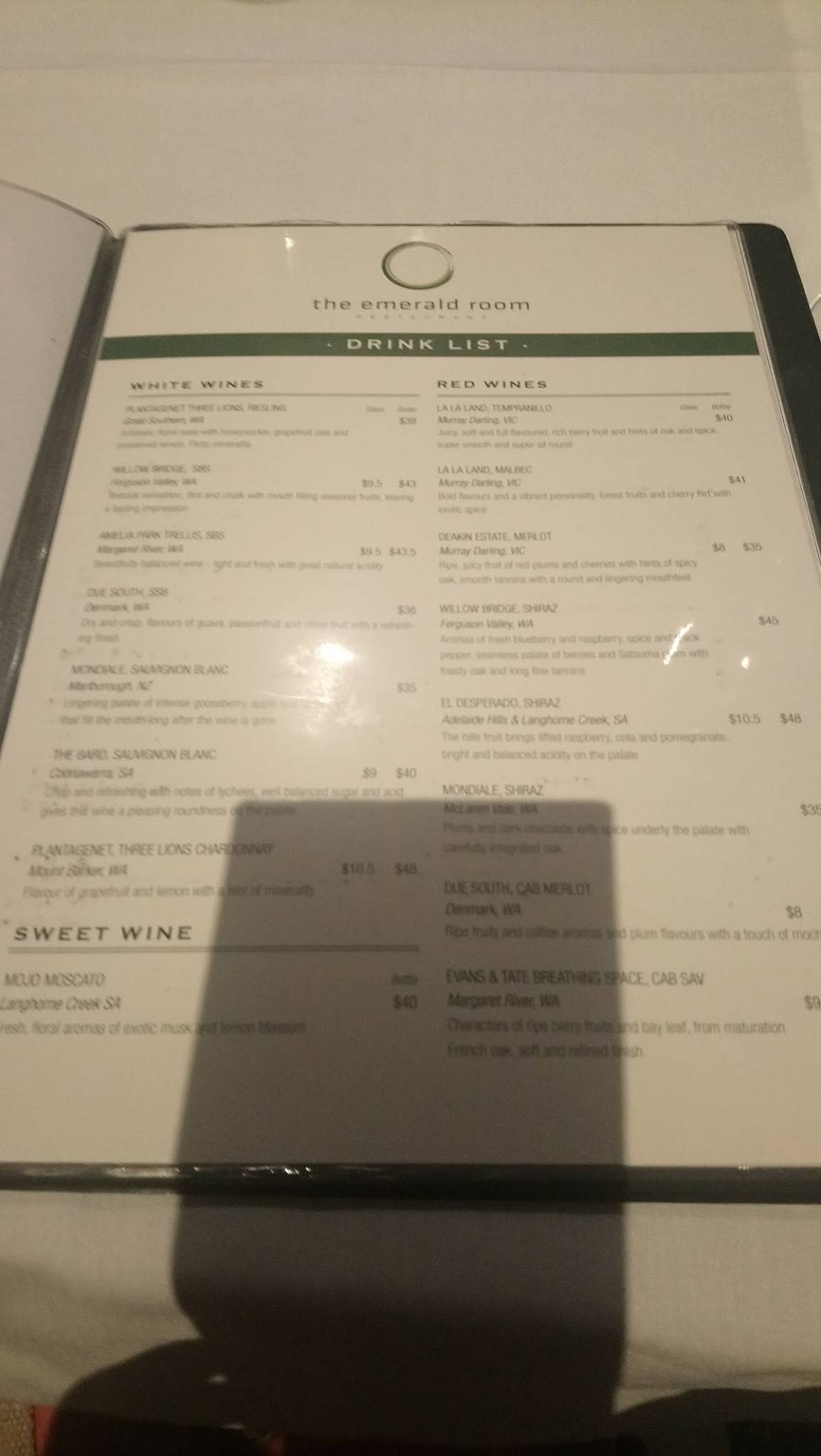 Menu at The Emerald Room Restaurant, Geraldton