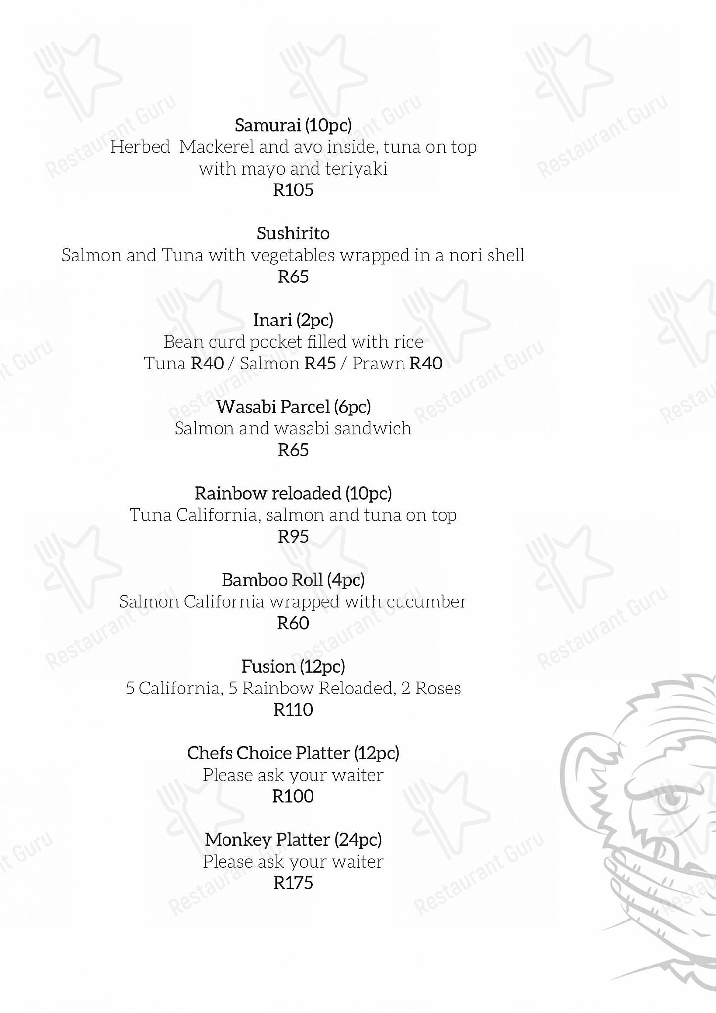 Three Wise Monkeys in Cape Town - Lunch menu