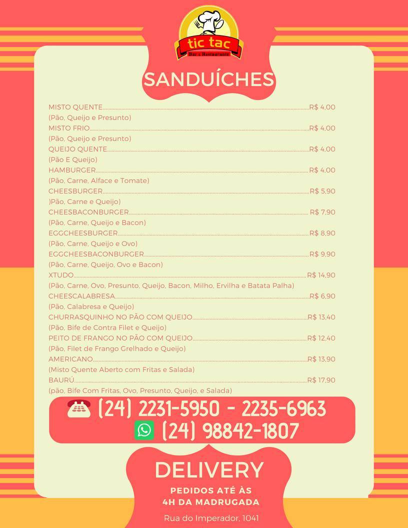 Tic Tac Restaurante e Bar cardápio