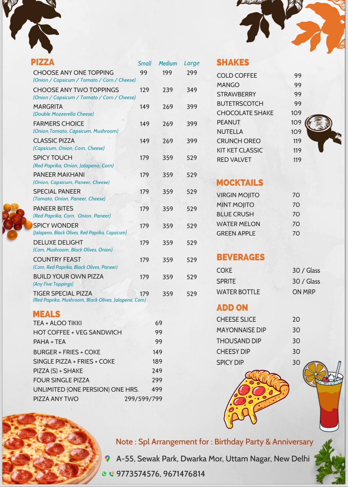 Tiger Pizza menu
