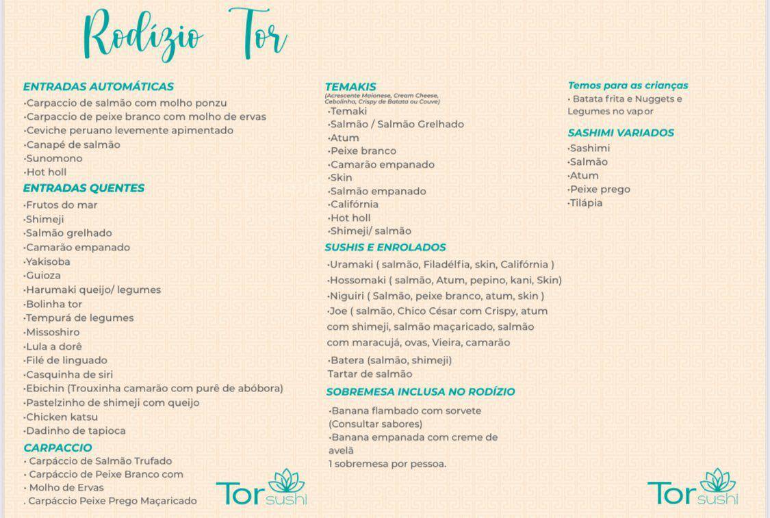 Tor Sushi Restaurante Japonês, com Rodízio cardápio