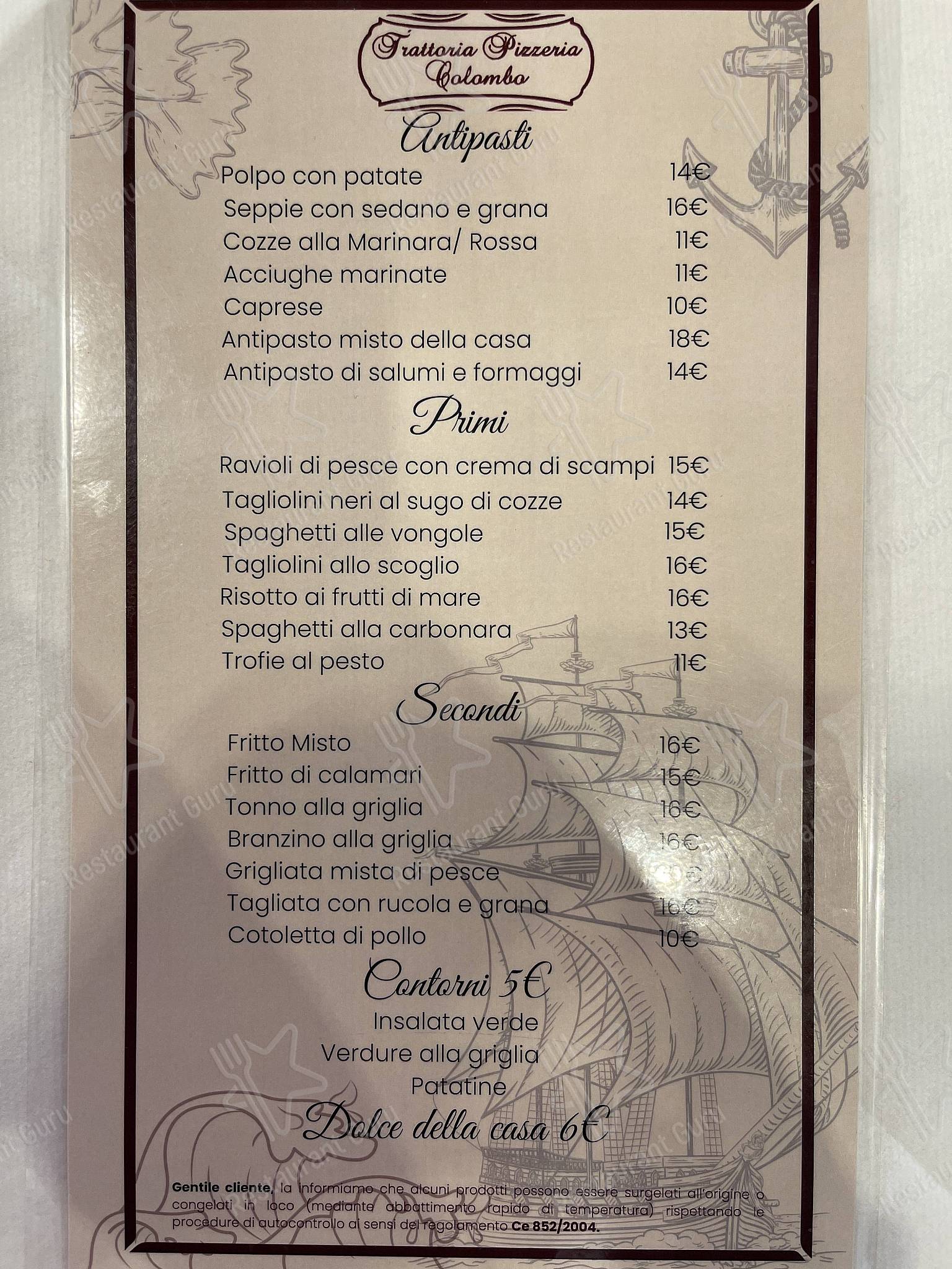 Menu per Trattoria Colombo Varazze ristorante