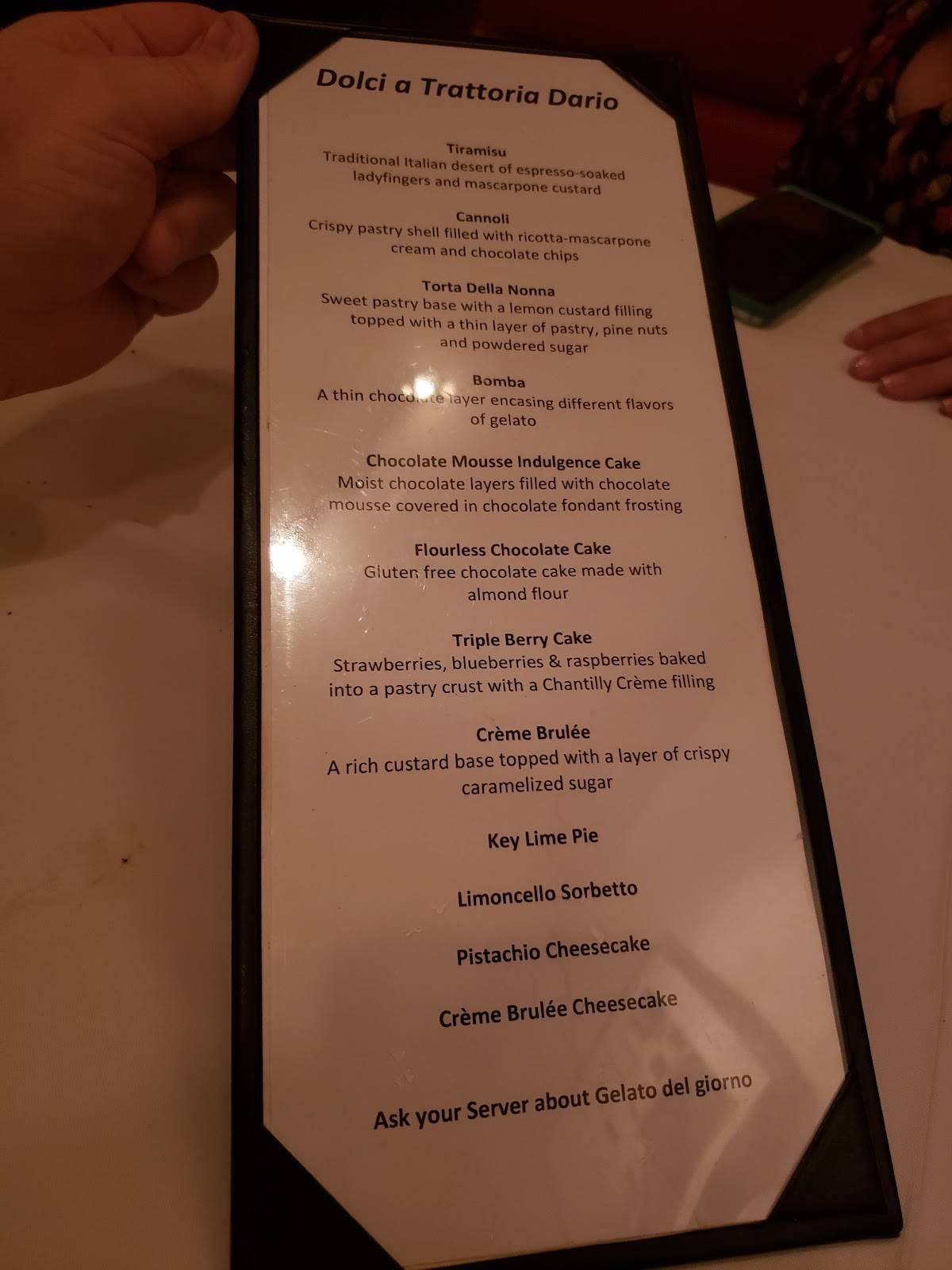 Menu at Trattoria Dario restaurant, Vero Beach