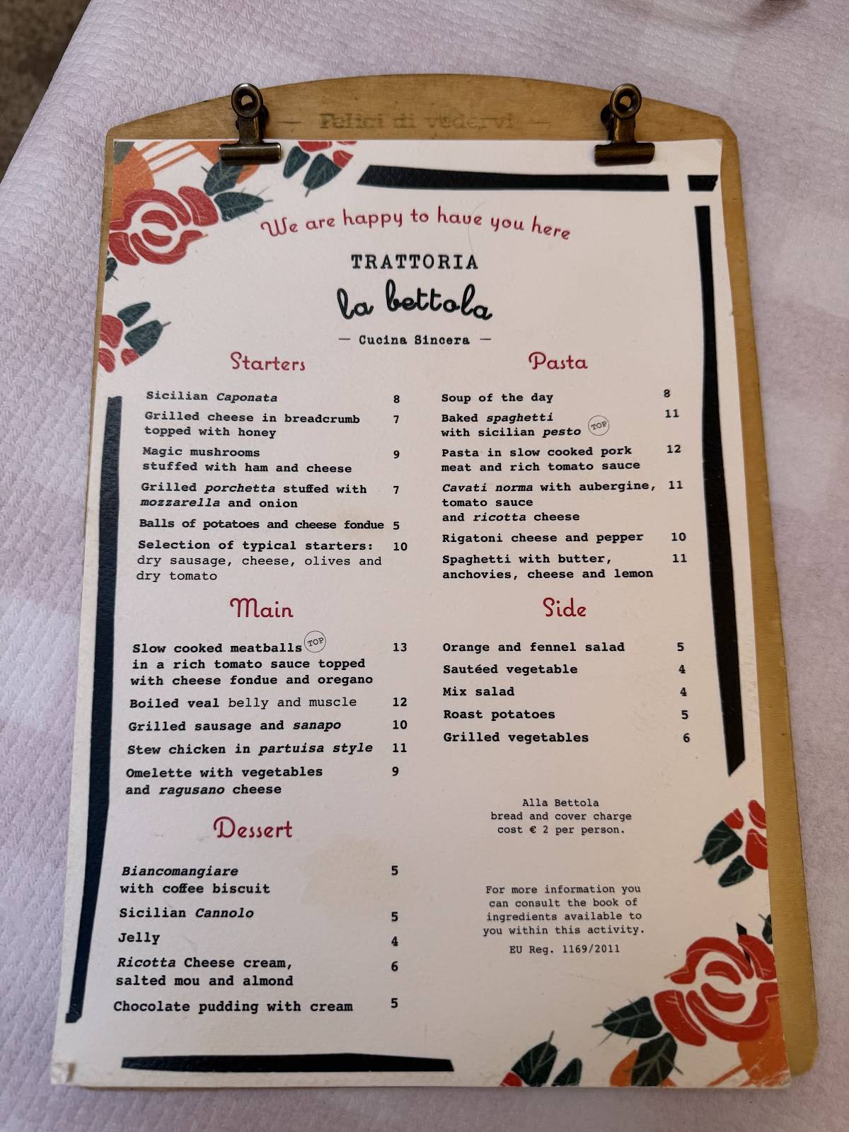 Menu di Trattoria La Bettola 