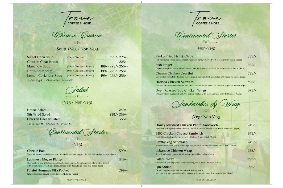 Trove Coffee & More - best cafe in Kolkata menu