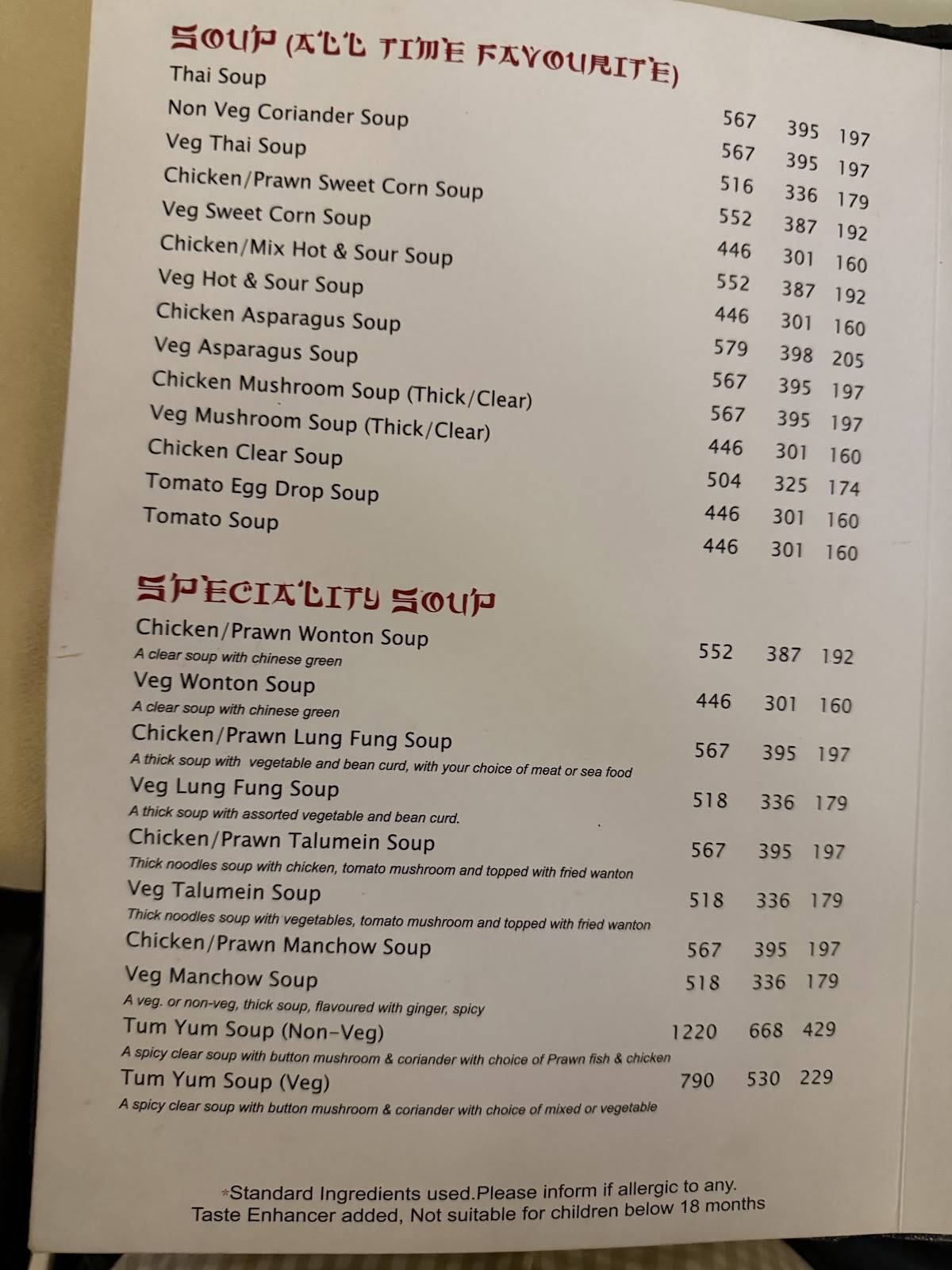 Tung Fong Restaurant menu