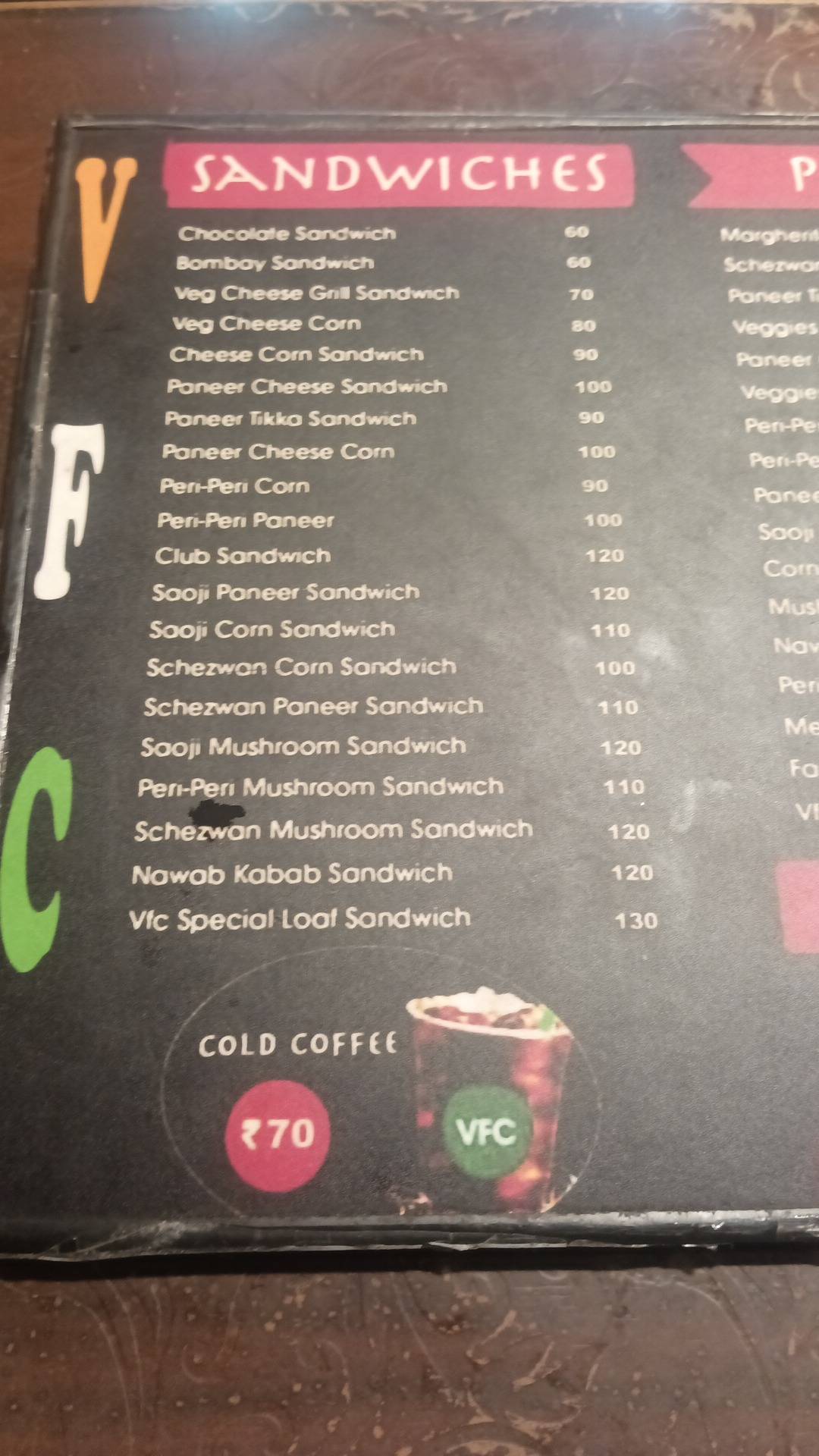VFC TIRANGA SANDWICH HUB menu