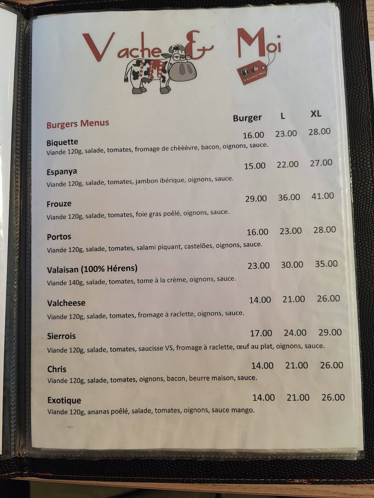 Menu di Vache et Moi 