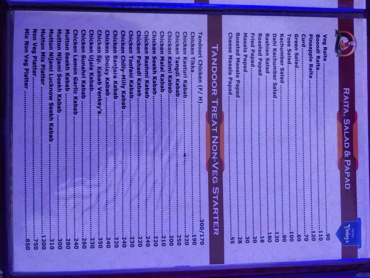 Venky's Family Restaurant And Bar menu