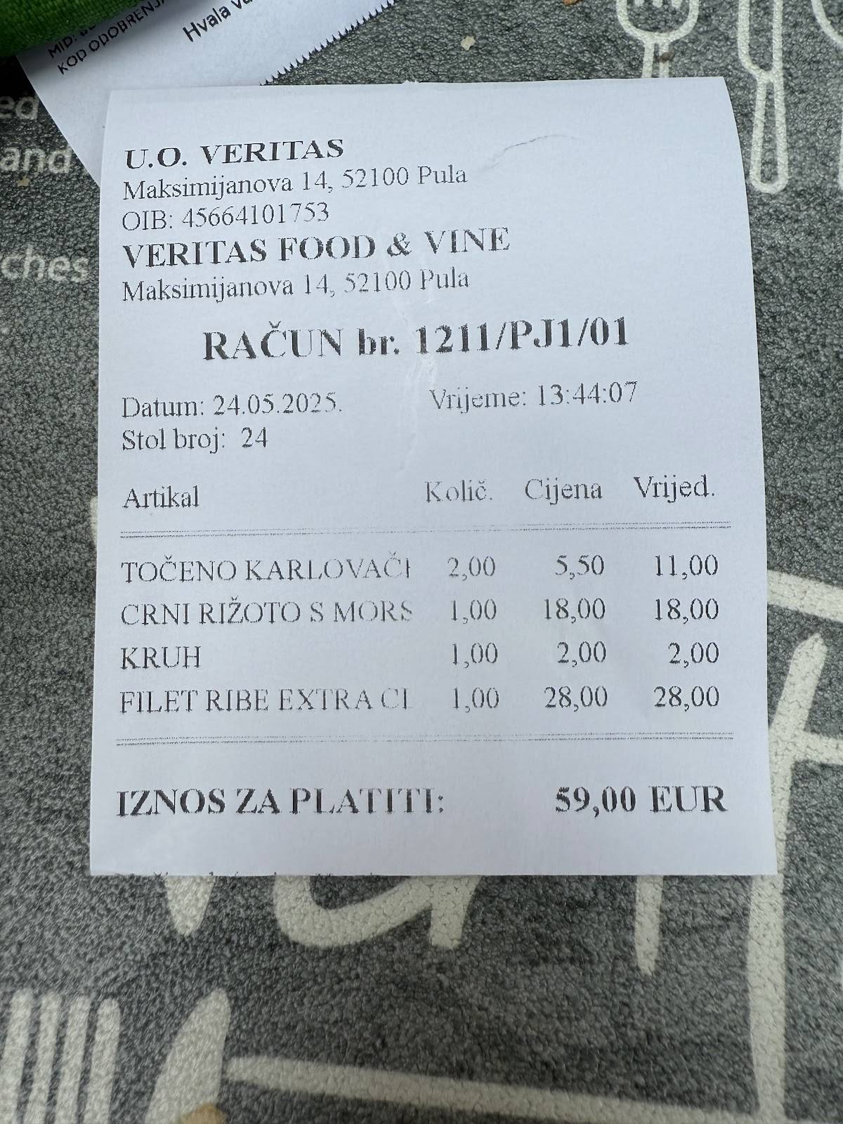 Menu di Veritas Food&Wine 