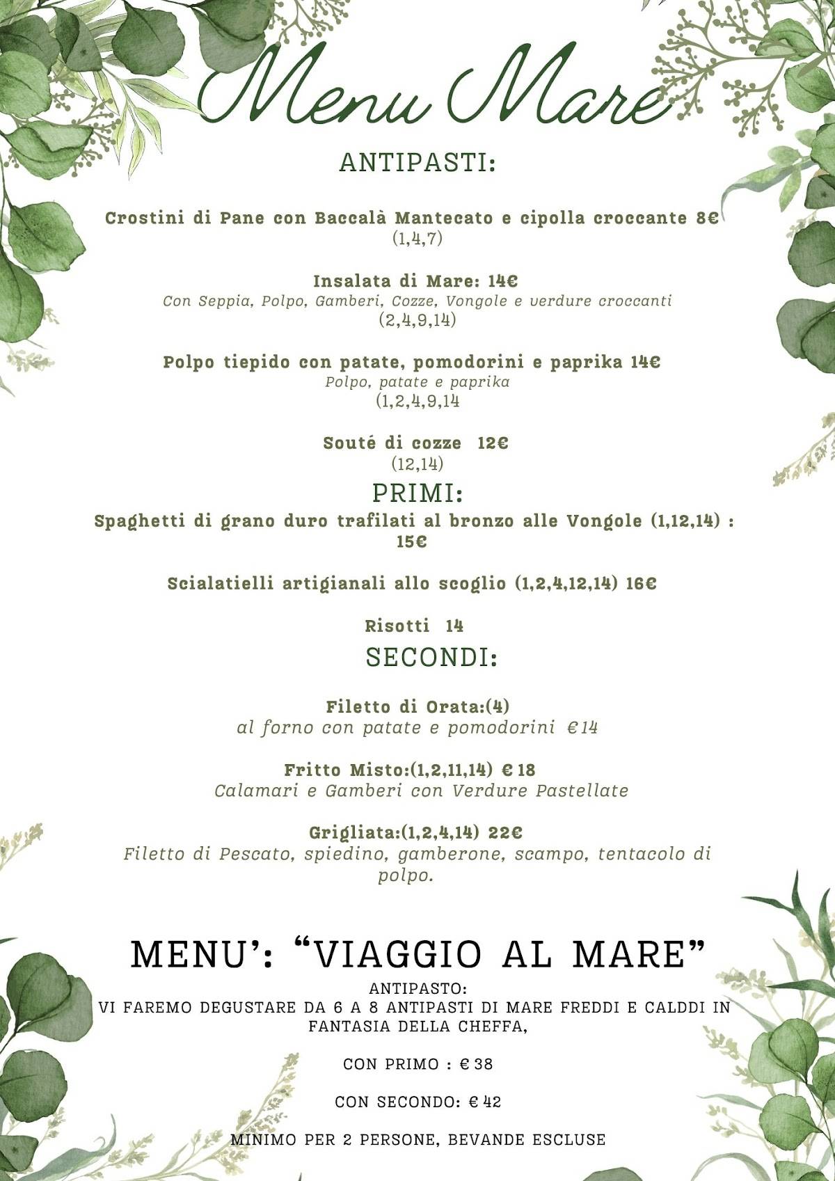 Menu di Villa Seta 