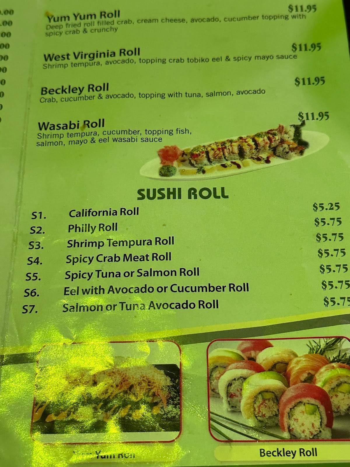 Menu at Wasabi Fusion restaurant, Beckley