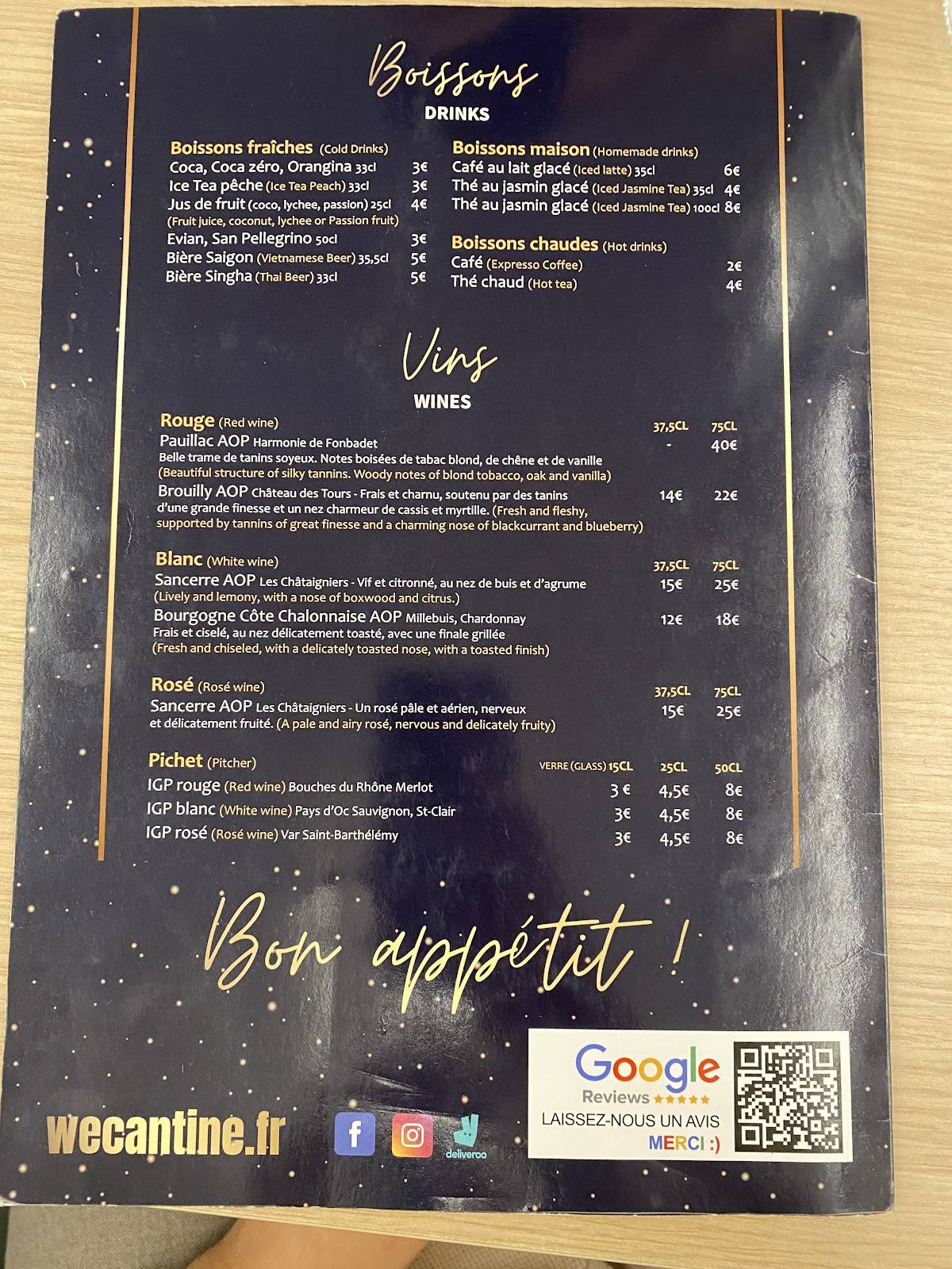Menu de We Cantine Opéra