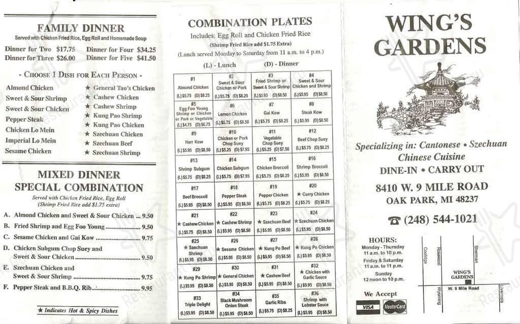 Menu at Wing's Gardens restaurant, Oak Park