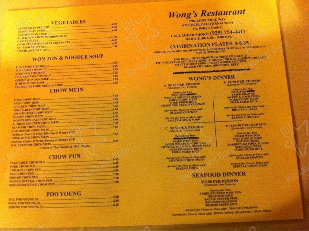 Menu at Wong's Restaurant, Antioch