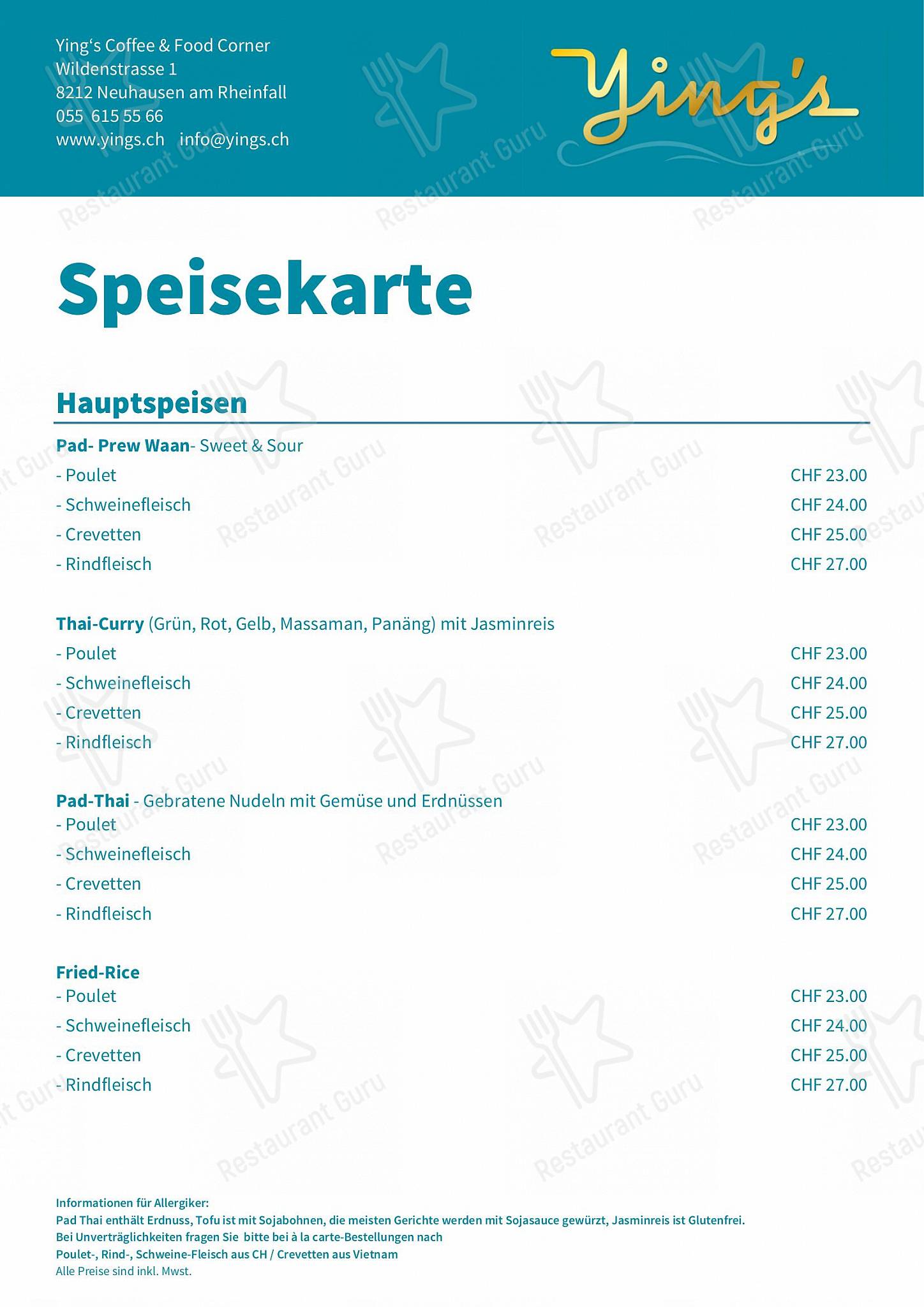 Ying’s RHEINFALL THAI FOOD in Neuhausen am Rheinfall - Lunch Menu